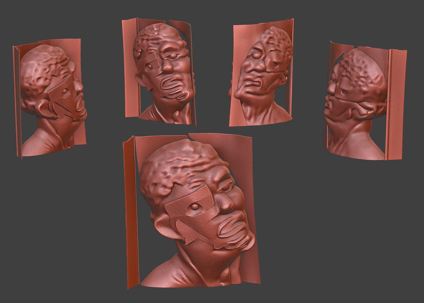 CGI sculpture from five
              angles, rendered in a clay-like red material.