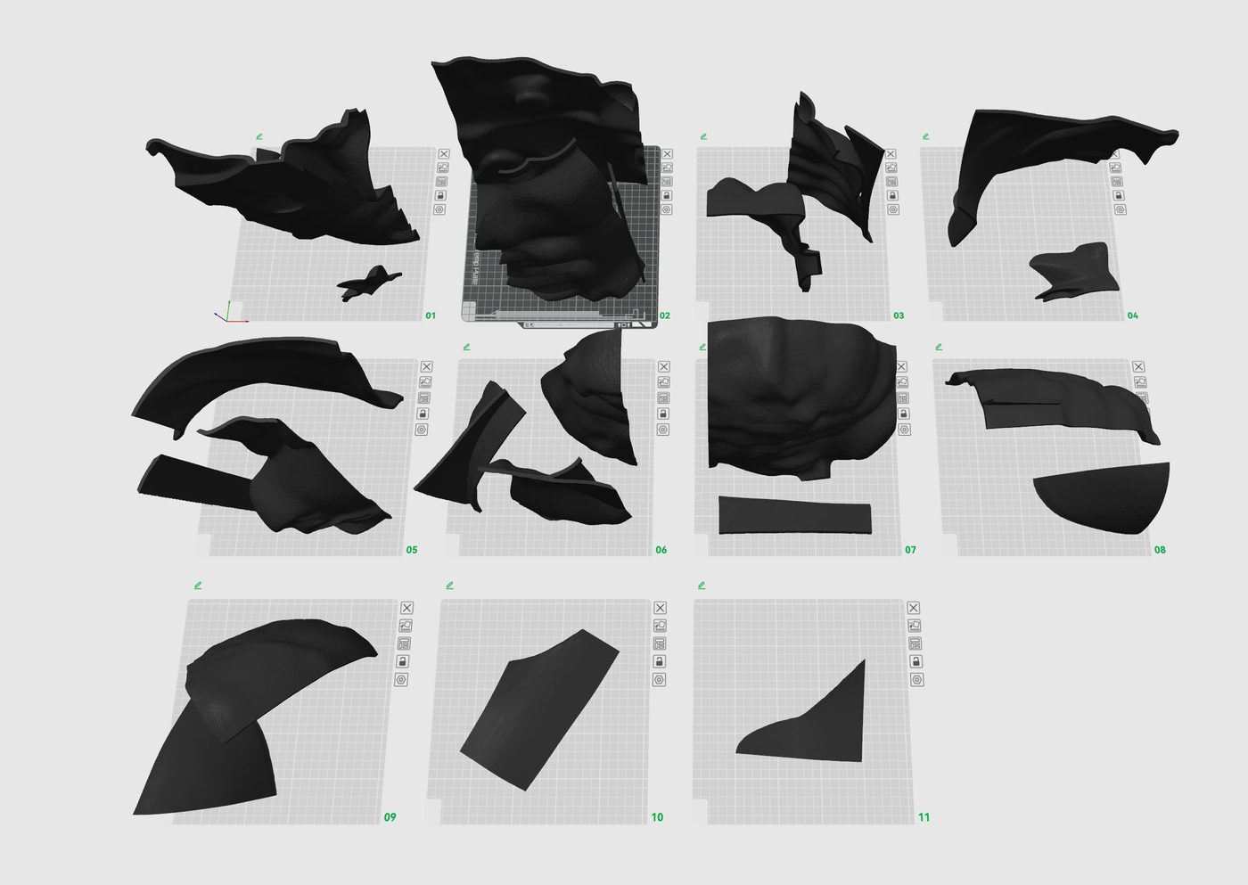Eleven 3D-model pieces
              laid out flat across multiple print beds, prepped for 3D
              printing.