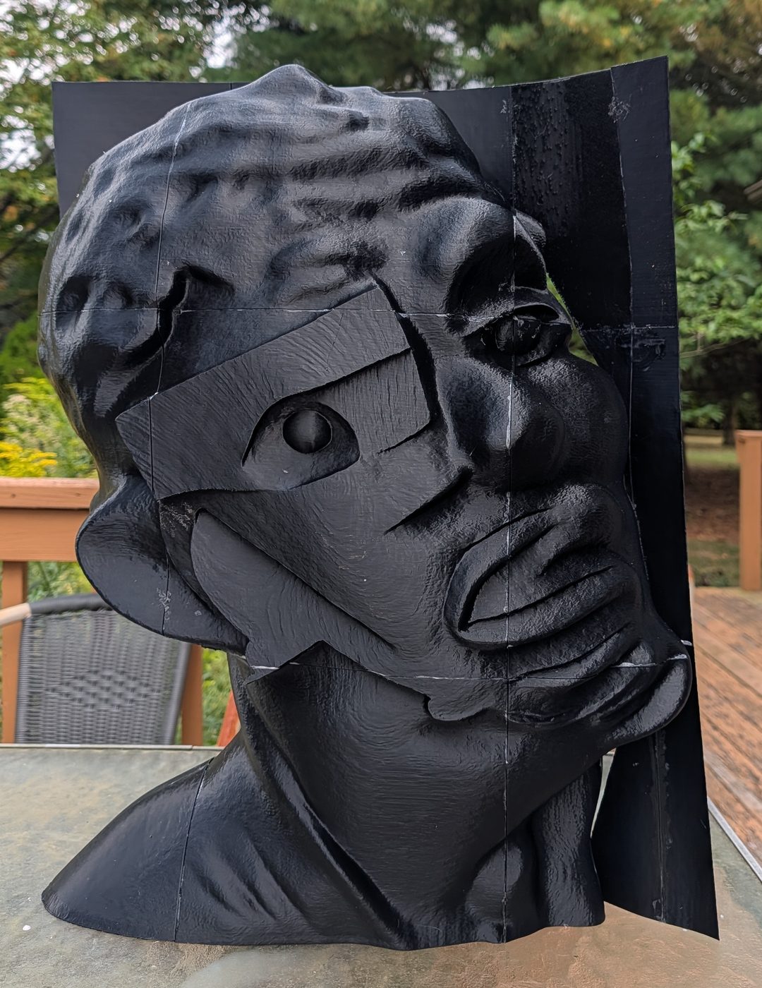 The assembled 3D printed
              head photographed outdoors, black plastic, showing visible
              seams where the printed plates meet.