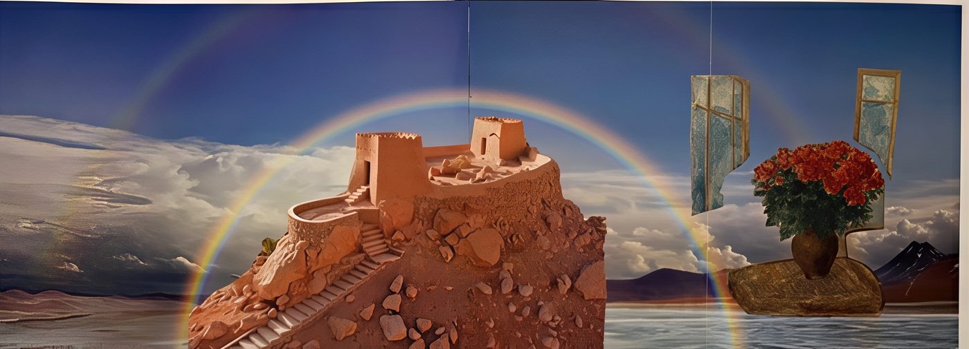 Only Rainbows
              original collage: a landscape with a clay-colored walled
              city under double rainbows, with floating window frames
              containing red flowers off to the right.