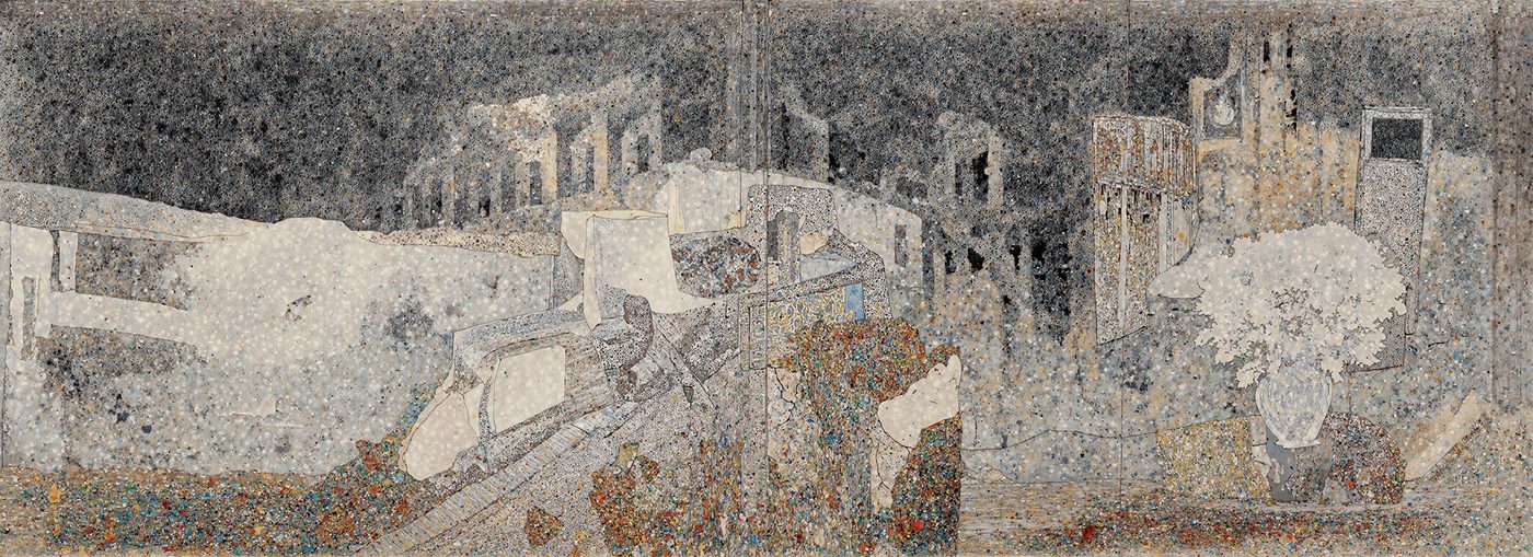 Variation 1
              thumbnail: the walled-city landscape rendered as a tightly
              stippled, multi-color mosaic.