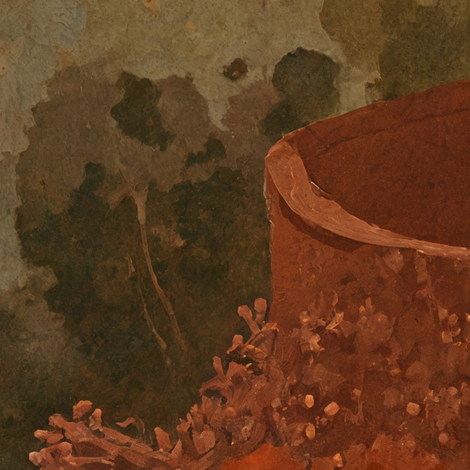 Variation 2
              detail at full resolution: a soft watercolor-like
              rendering of the walled city's left edge, in muted ochres
              and dusty greens.