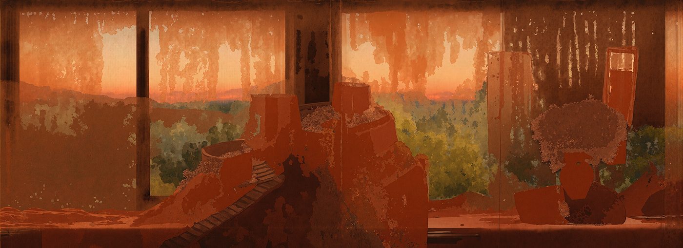 Variation 2
              thumbnail: an interior view looking out through windows at
              a stormy twilight landscape with the walled city visible.