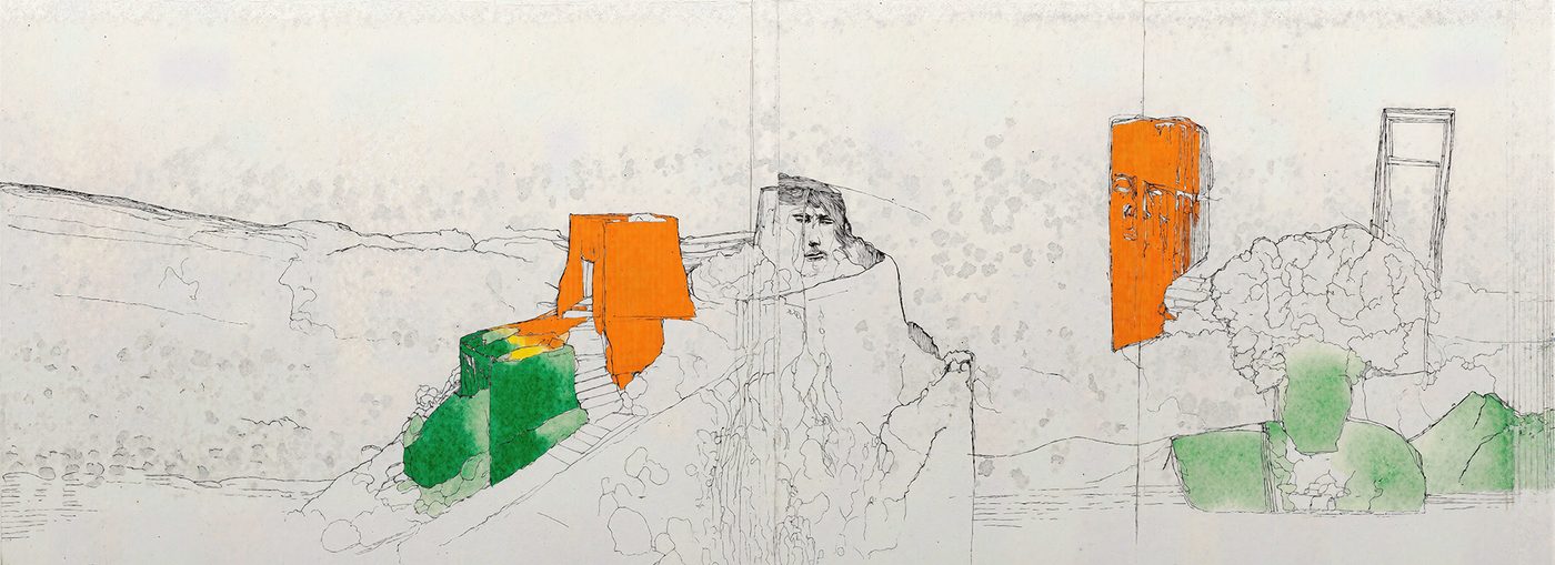 Variation 3
              thumbnail: fractured color-block spaces resembling a
              pen-and-ink drawing of the landscape.