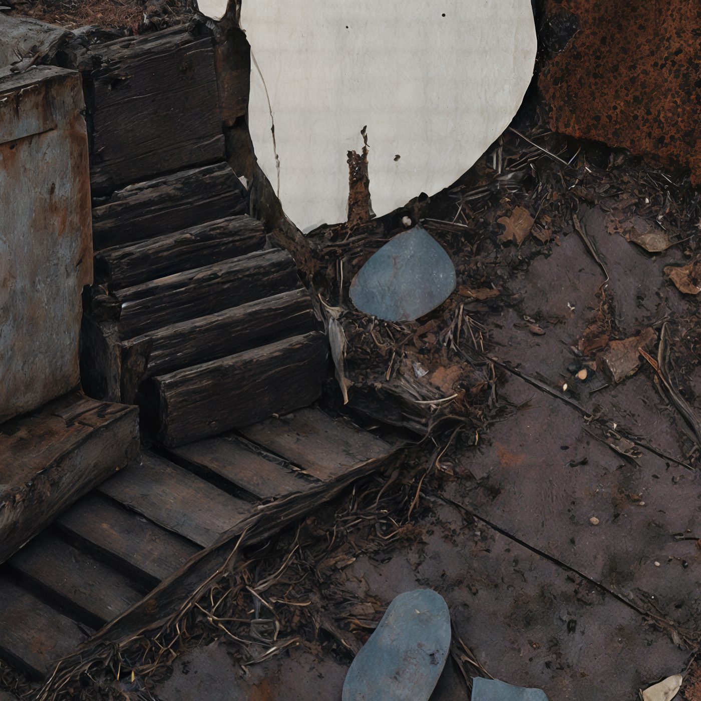 Variation 4
              detail at full resolution: the same interior at full
              resolution, now reading as a ruined palace — collapsed
              wooden staircase, debris-strewn floor, what was once
              architecture now wreckage.