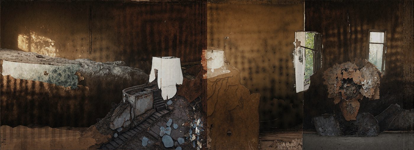 Variation 4
              thumbnail: a divided dark interior. Morning light streams
              through windows on the right; on the left, a bed is
              visible behind a sculpture of an ancient walled city in
              the foreground.